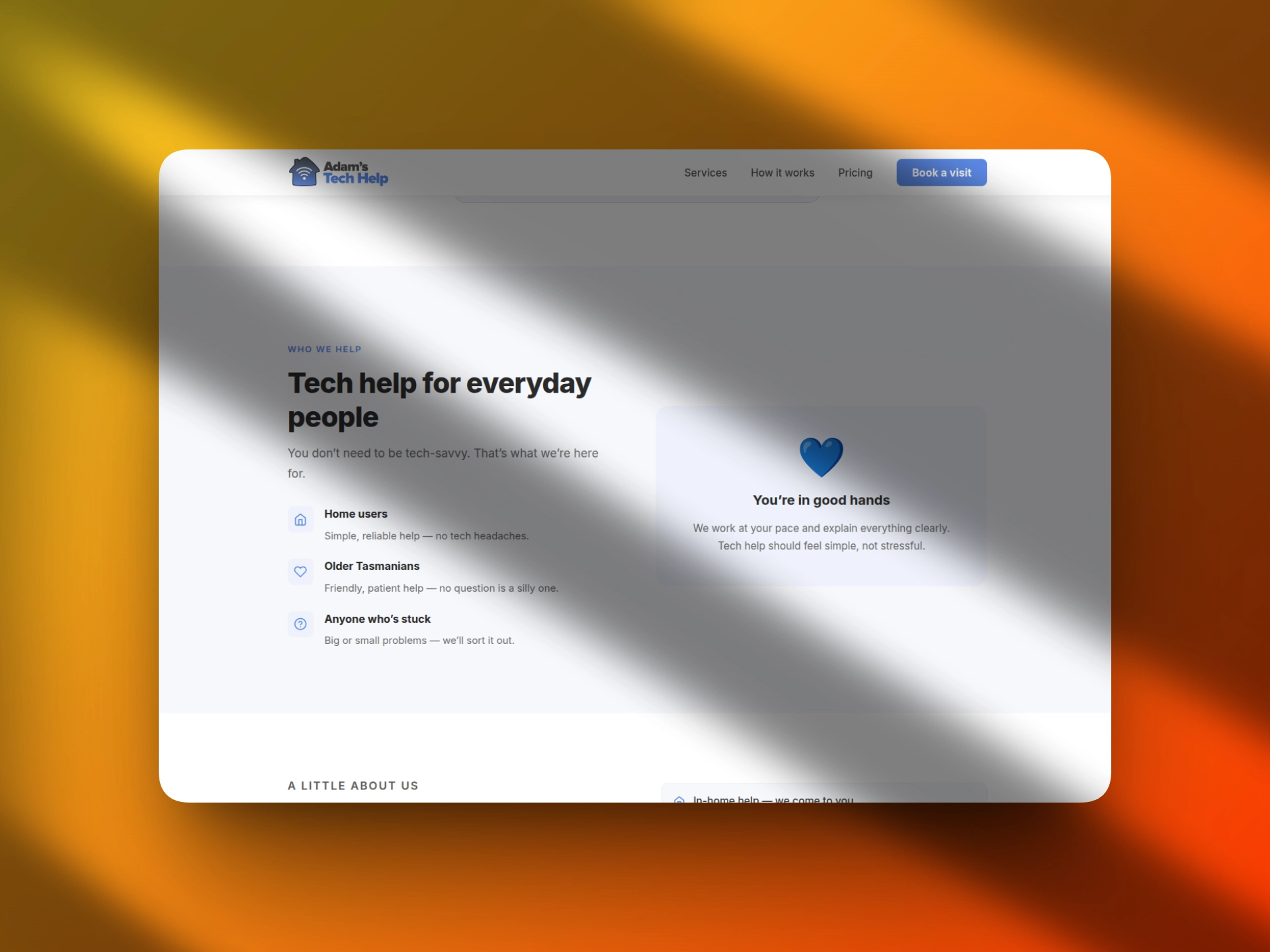 Adam's Tech Help homepage — a clean hero reading 'Tech help for everyday people'