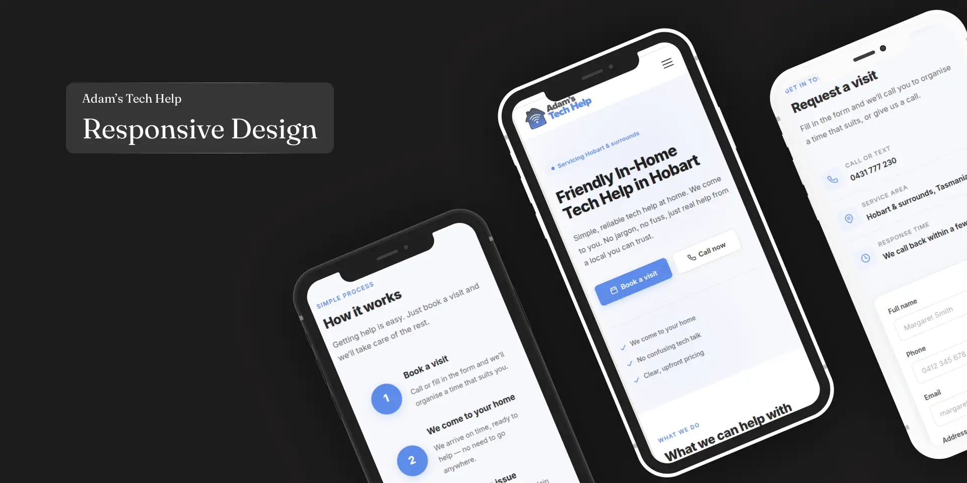 Adam's Tech Help across mobile screens — hero, how-it-works and the request-a-visit form