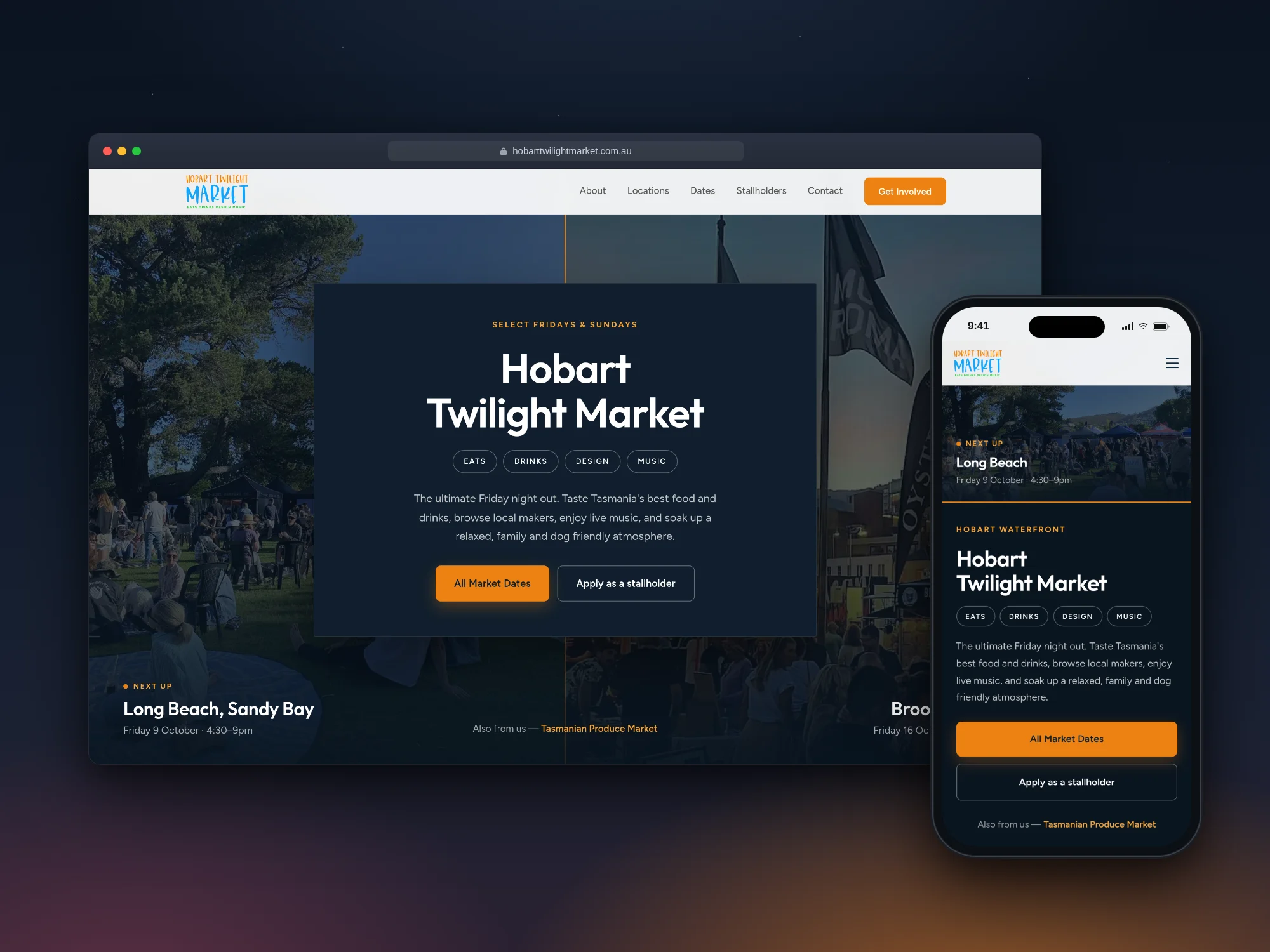 Hobart Twilight Market homepage on a desktop browser and a phone