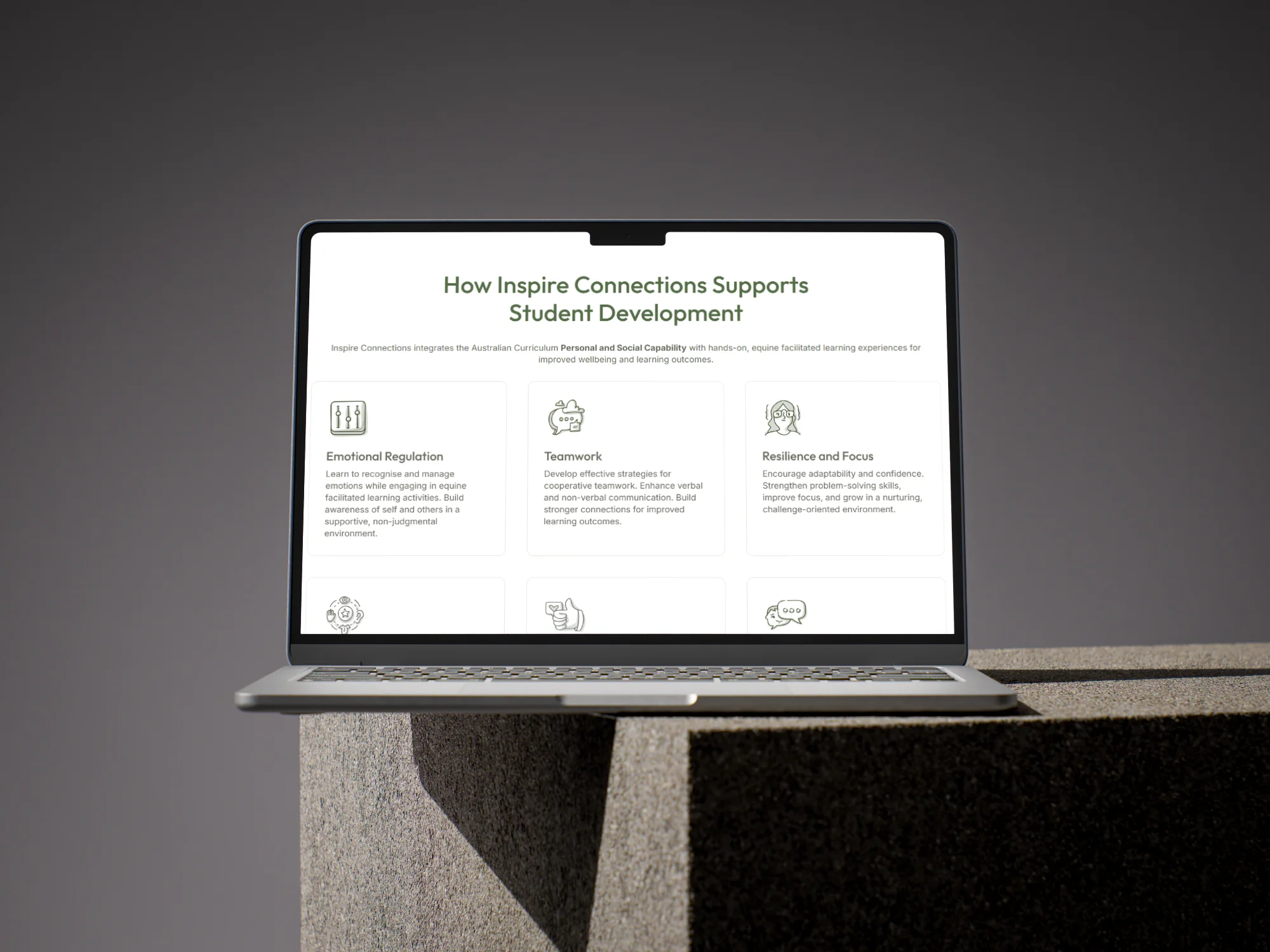 Inspire Connections website, A Calm Home for a Complex Offering