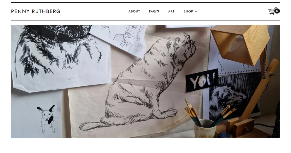 Penny Ruthberg homepage on mobile, showing a moodboard of original artwork